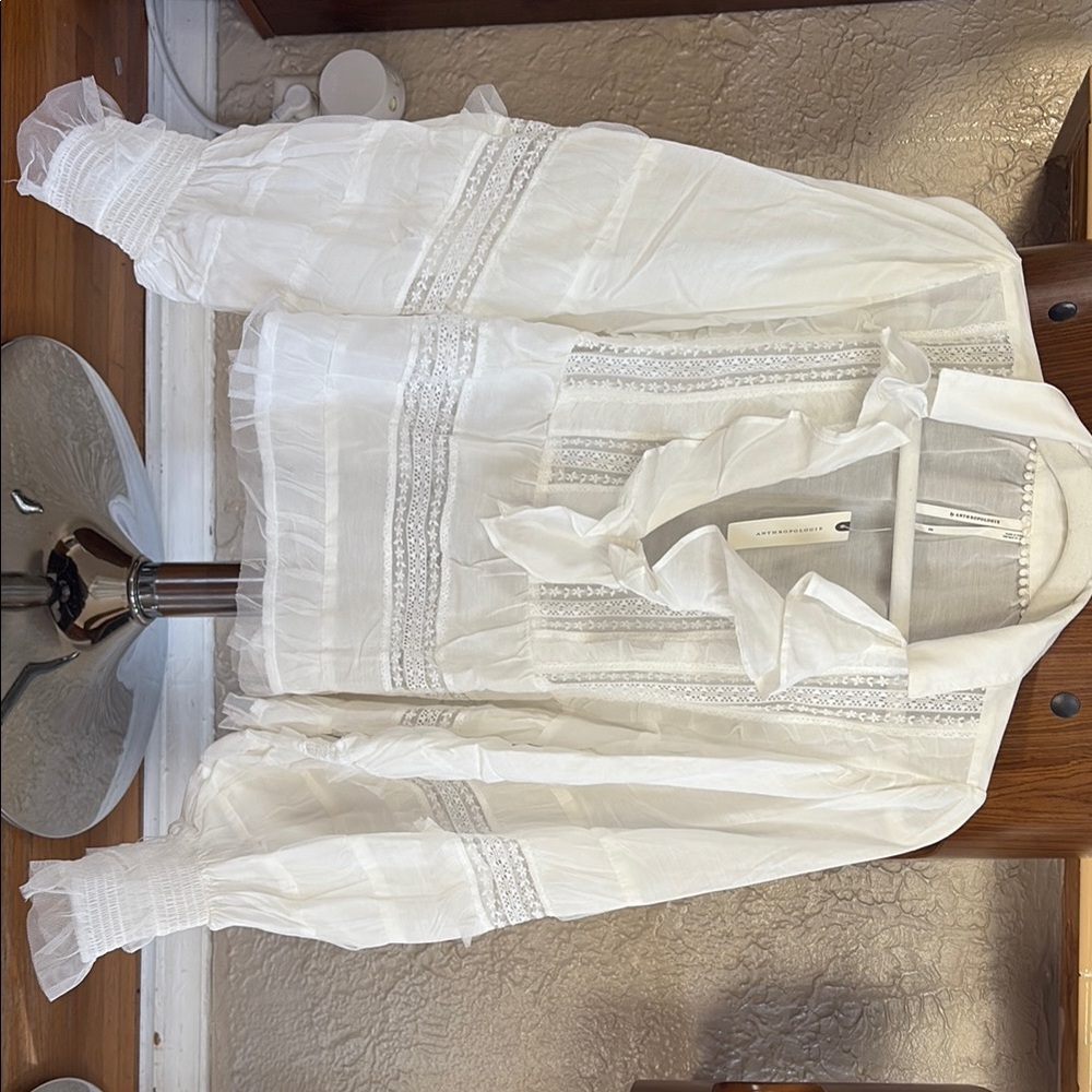 Anthropologie White Blouse with Pom Pom Trim